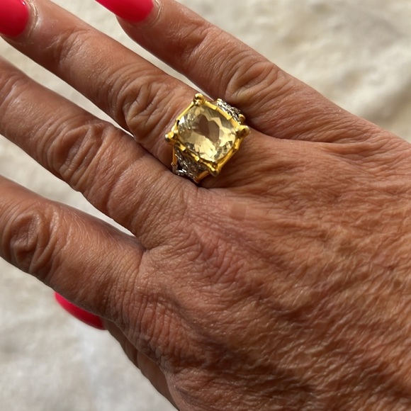 Sterling Silver & Gold Cocktail Ring | Yellow Cushion-Cut Stone | Size 8 - Picture 2 of 4